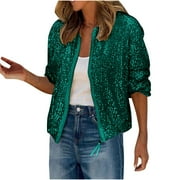 Womens Sequin Cropped Jackets Long Sleeve Full Zip Bomber Jacket Party Sparkly Glitter Outerwear (Green L)